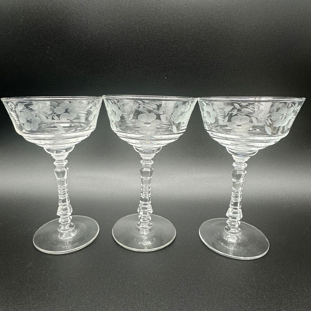 Libbey Rock Sharpe Halifax Champagne Coupe Glasses Set of 3 Etched Floral 6in